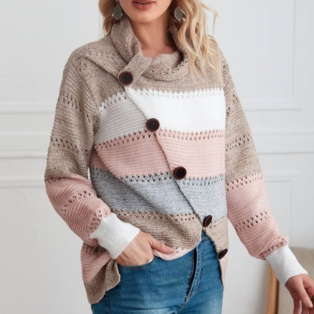 Emery Rose Colorblock Cowl Neck Pointelle Pullover Button Sweater Small Oversize